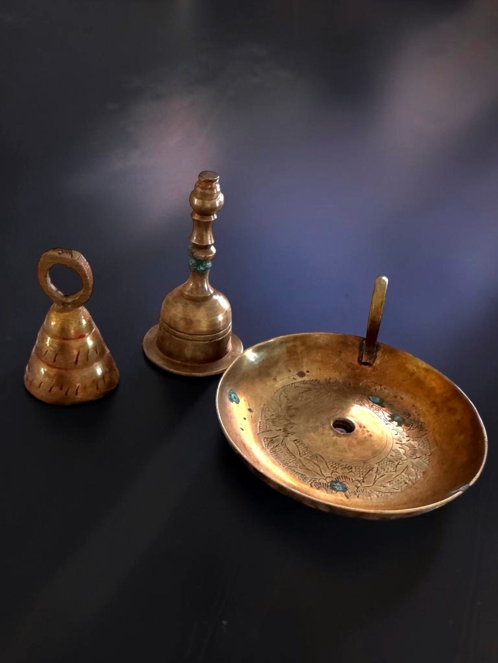 Vintage Brass Bell & Ring Handle Dish Lot 3 Etched Floral Patina Boho Decor